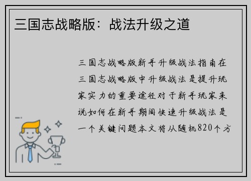 三国志战略版：战法升级之道